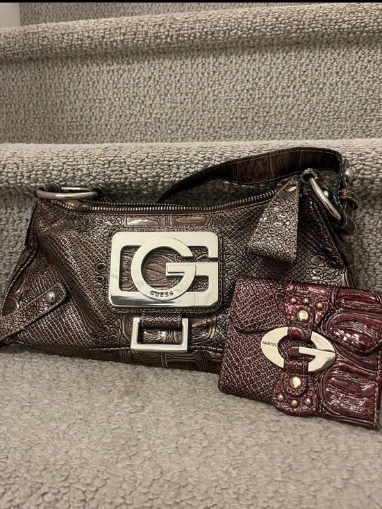 Guess Handbags - GUESS Brown Croc-Embossed Shoulder Bag with Burgundy Wallet